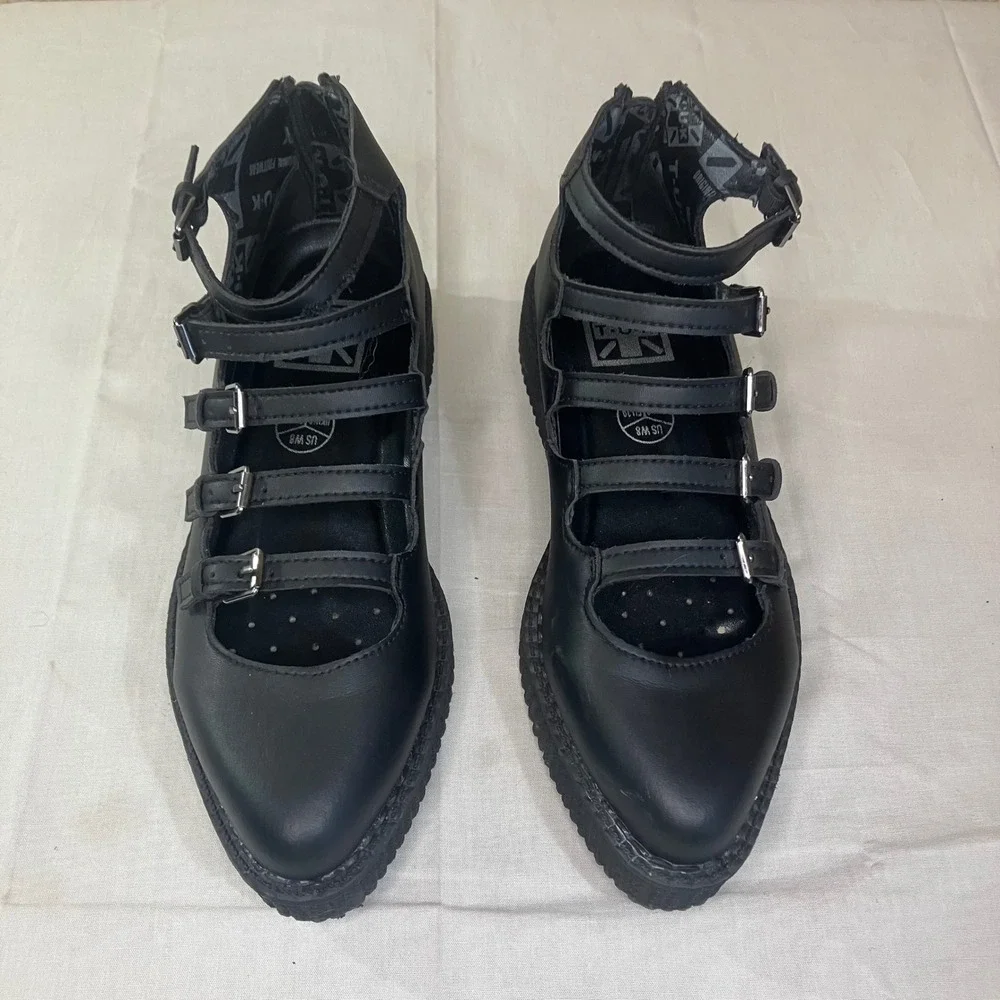 TUK Black Vegan Multi Strap Pointed Creeper Shoes A9417L Mens 6 Womens 8 EU 39